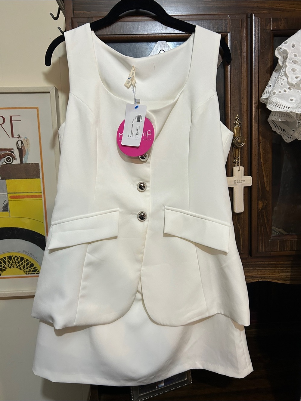 Grace White Sleeveless Vest Dress with Button Front